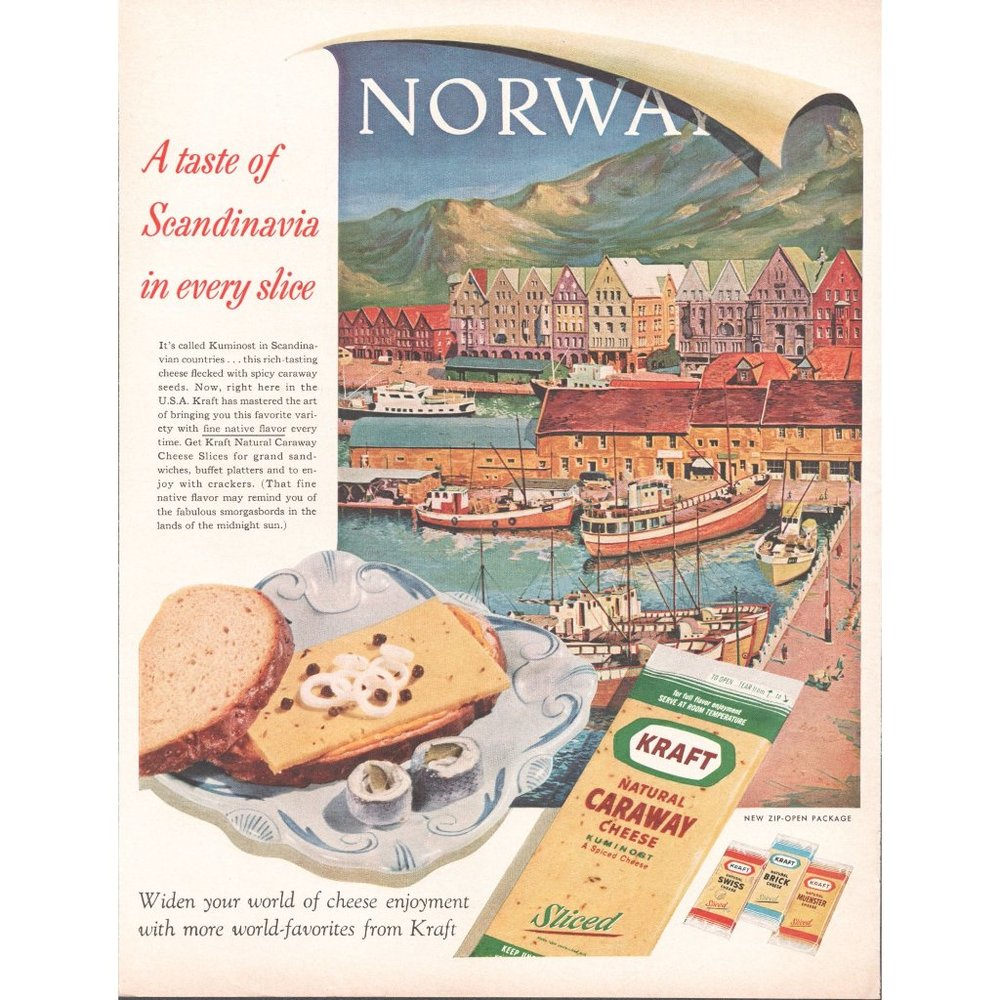 1961 Kraft Caraway Cheese Vintage Print Ad Norway Fjord Fishing Village 10 x13